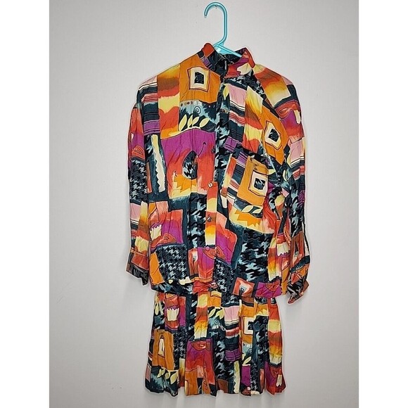 The Limited Tops - 1980's Abstract Vintage The Limited Matching Outfit Skirt Button Down Shirt Bold